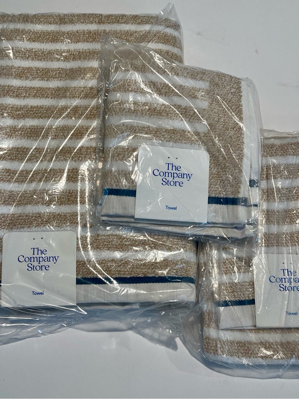The Company Store 4 piece Beige & White Striped Towel set with Navy Accent